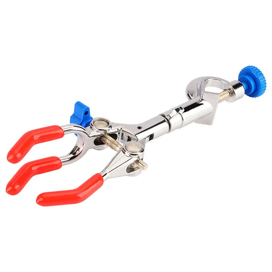 Single adjust 3-prong swivel clamp, 360-degree rotation, max 90 mm grip, rubber-coated jaws, adjustable pressure screw, built-in boss head for laboratory glassware holding