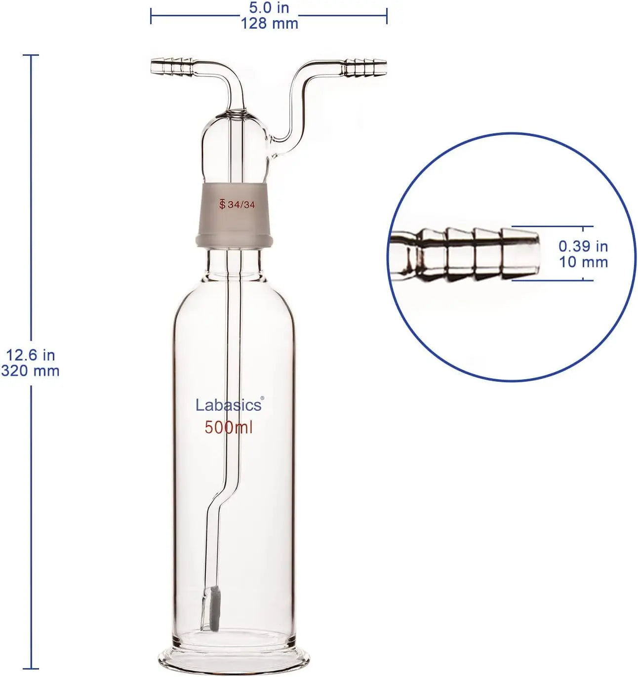 500 ml borosilicate glass gas washing bottle with 20 µm fritted tube and 34/34 ground joint, chemical-resistant and ideal for purification