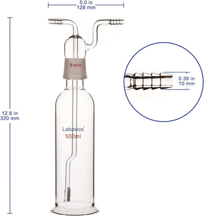 500 ml borosilicate glass gas washing bottle with 20 µm fritted tube and 34/34 ground joint, chemical-resistant and ideal for purification