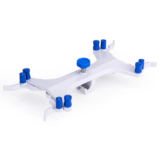 Aluminum double burette clamp, die-cast body, rubber-coated grips, spring-loaded tension, powder-coated finish, holds burettes securely without blocking graduation marks