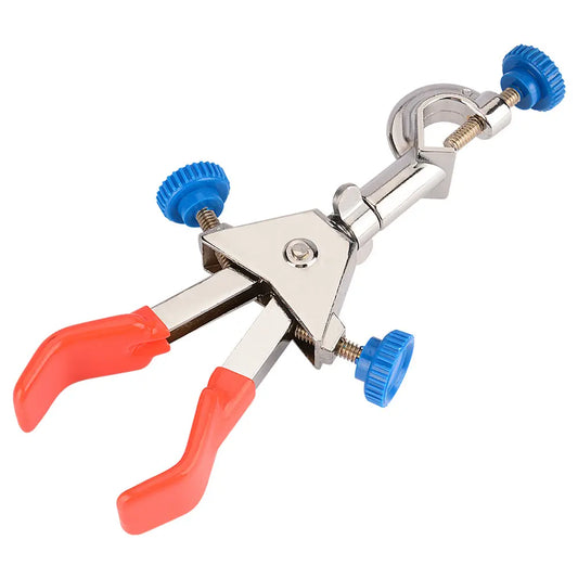 Dual adjust swivel clamp, 2-prong, 360-degree rotation, max 65 mm grip, rubber-coated jaws, dual screws for pressure control, built-in boss head for laboratory apparatus holding