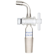 Borosilicate glass flow control adapter with 24/40 joint and PTFE stopcock, bent hose connection, reusable for lab gas or liquid flow regulation
