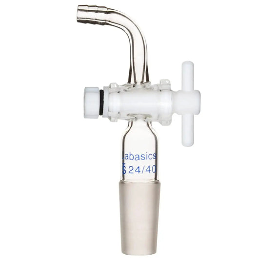 Borosilicate glass flow control adapter with 24/40 joint and PTFE stopcock, bent hose connection, reusable for lab gas or liquid flow regulation