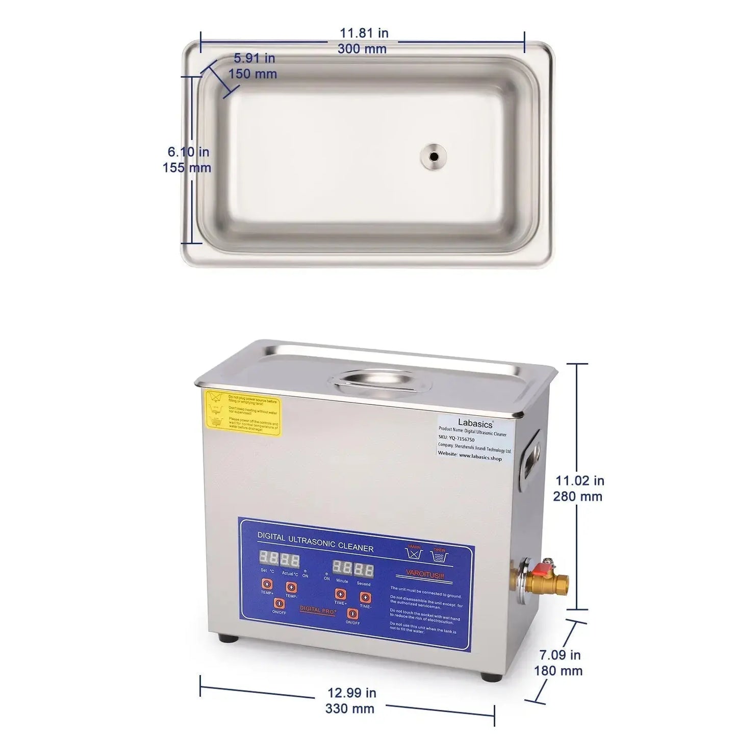 40kHz ultrasonic cleaner with timer 1–99 min and protective basket