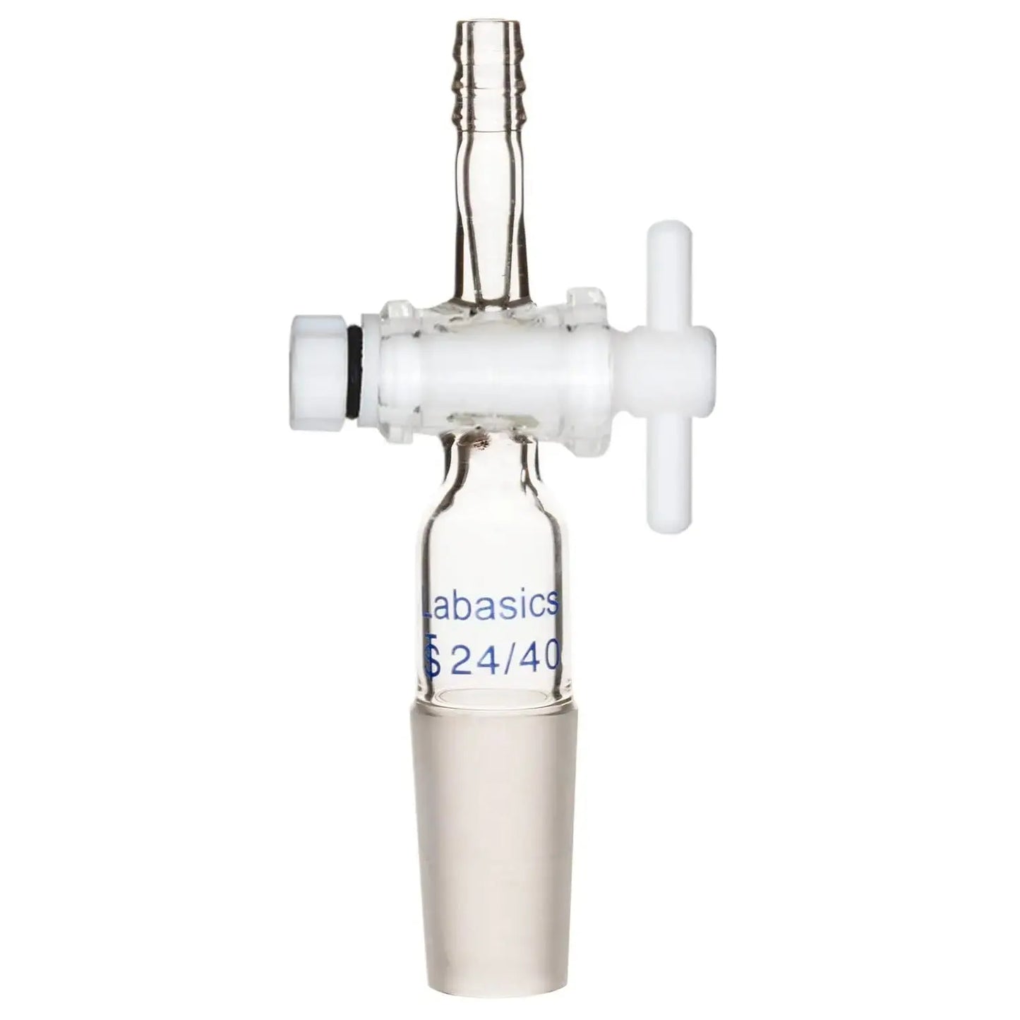 Borosilicate glass vacuum flow control adapter with 24/40 joint and straight hose connection, PTFE stopcock, reusable for lab distillation and chemical experiments