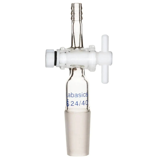 Borosilicate glass vacuum flow control adapter with 24/40 joint and straight hose connection, PTFE stopcock, reusable for lab distillation and chemical experiments